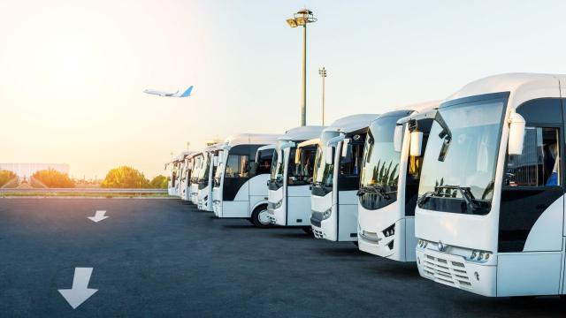 Airport shuttle buses. Photo credit: iStock/Sergei Chuyko.