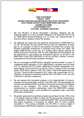 Joint Statement from the 23rd BIMP-EAGA Ministerial Meeting Cover