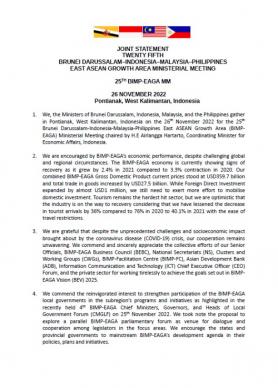 Joint Statement Twenty Fifth BIMP-EAGA Ministerial Meeting 2022